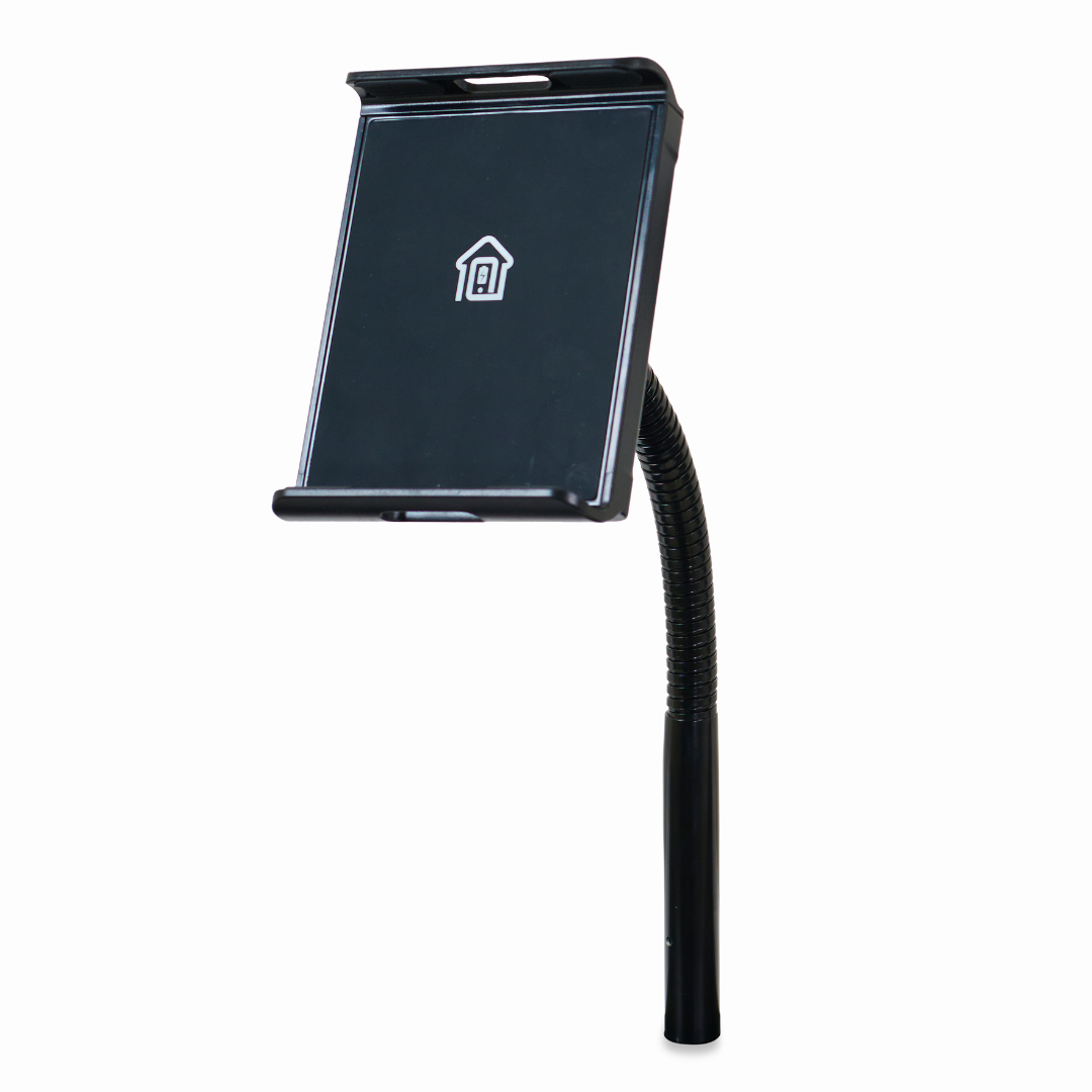 The Golden Tech black tablet stand features a flexible neck and cradle with a white house icon, perfect for enjoying shows comfortably. Ideal for relaxation, it complements setups like the soothing embrace of Swedish Air Massage, similar to PR511 Recliners lift chair upgrades.